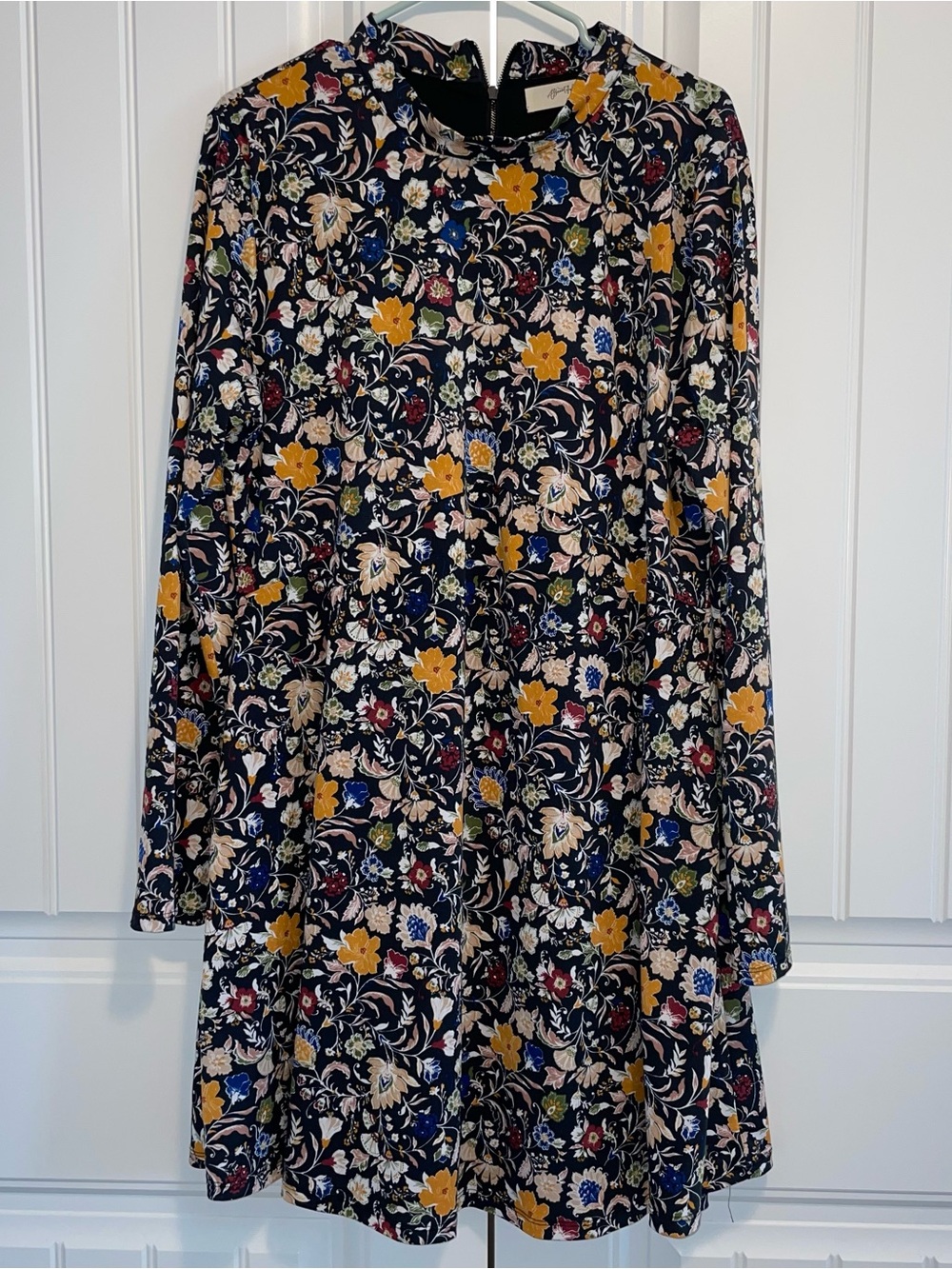 Long Sleeve Floral Swing Dress in Navy with Mustard Accents